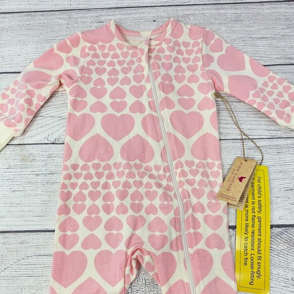 NWT Pink Chicken New York Girls Pink Cascading‎ Hearts Organic Romper Size 3-6m - Picture 1 of 5